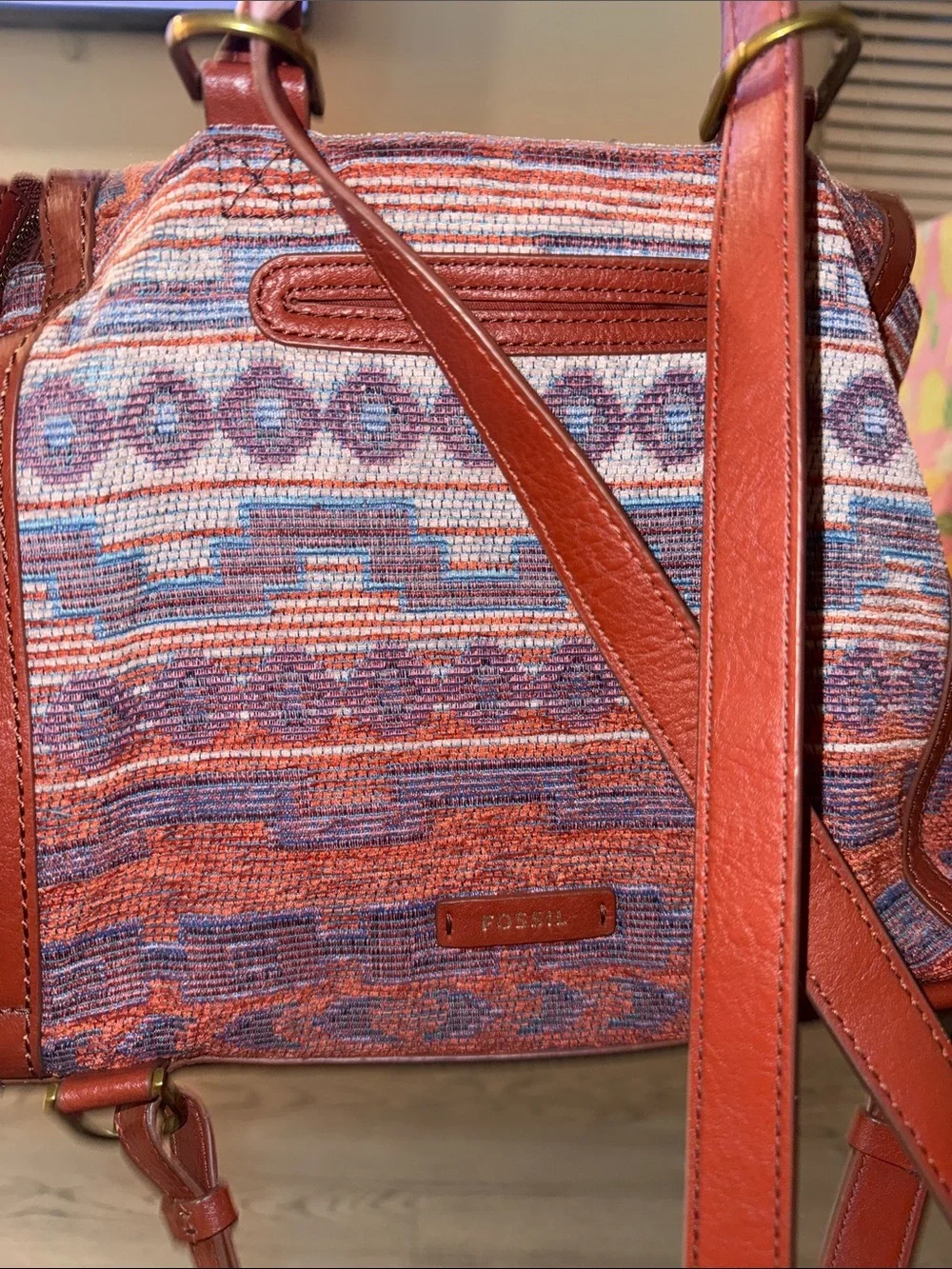 Woven Pattern Orange Multi Backpack with Faux Leather Trim